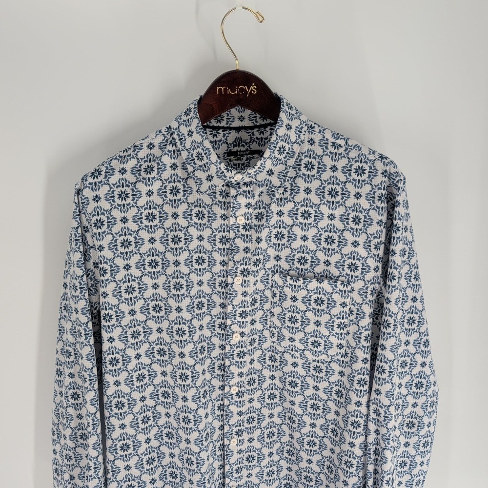 APT 9 Mosaic Pattern Performance Slim Fit Button Up Shirt Blue White Size L - Picture 2 of 8